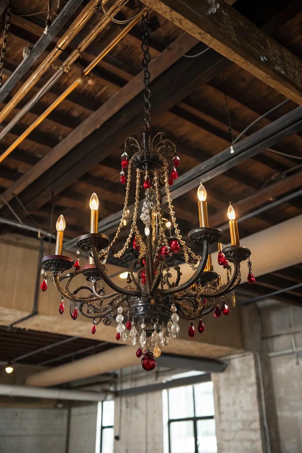Elevate your basement with a touch of luxury: a bold chandelier that blends elegance with industrial charm.