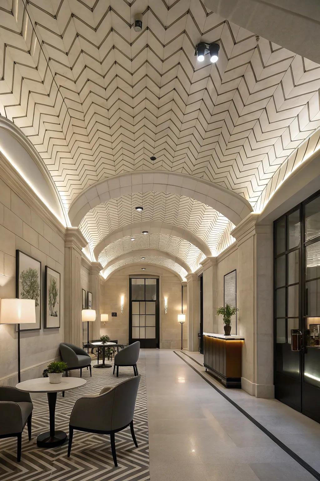 Chevron tiles surprise and delight when used on the ceiling, adding a unique architectural element.