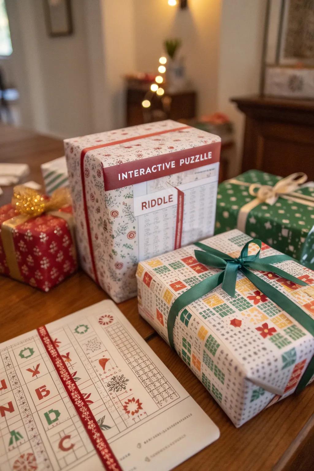 Interactive gifts wrapped with puzzles and riddles for fun.