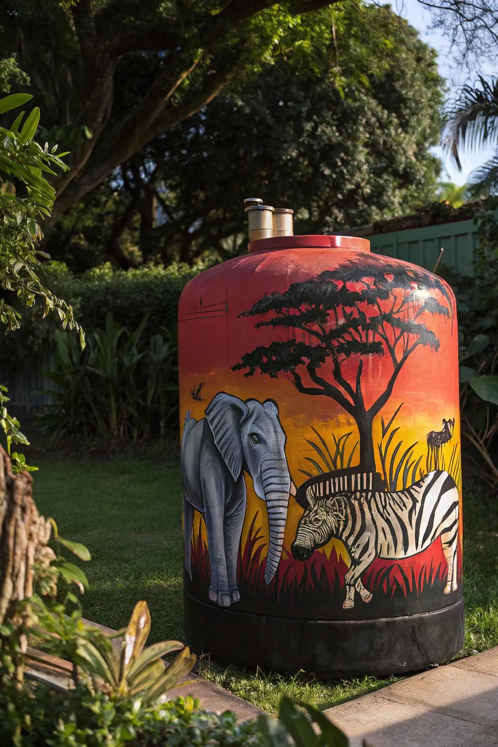 Transform your backyard into a wild oasis with this striking safari-themed propane tank.
