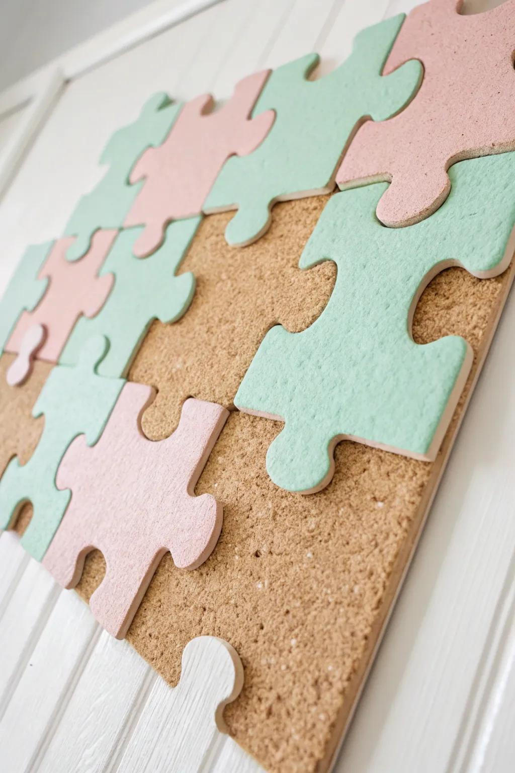 Transform your space with a playful touch: a handcrafted cork board with pastel puzzle pieces.