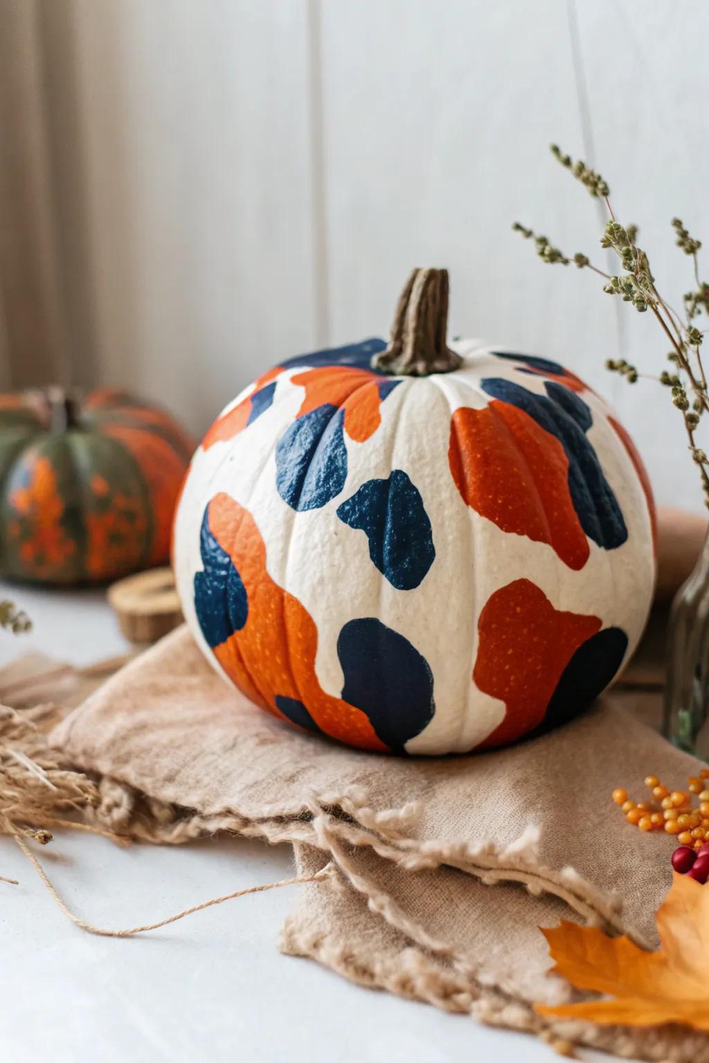 Unleash your creativity with this abstract cow art pumpkin—where bold colors meet Scandinavian elegance.