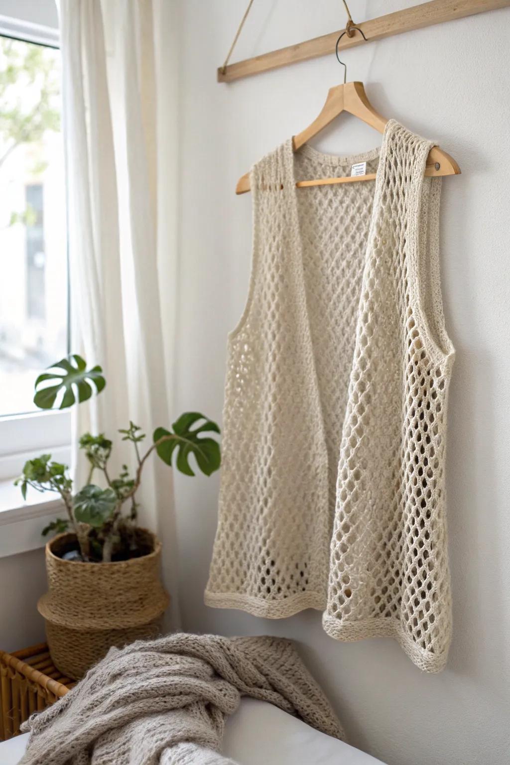Embrace contemporary elegance with this stunning mesh crochet vest – where minimalism meets boho chic.