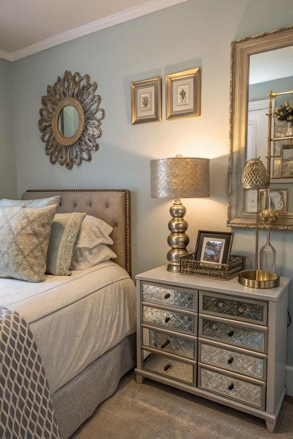 Metallic accents add glamour and brightness to a small bedroom.