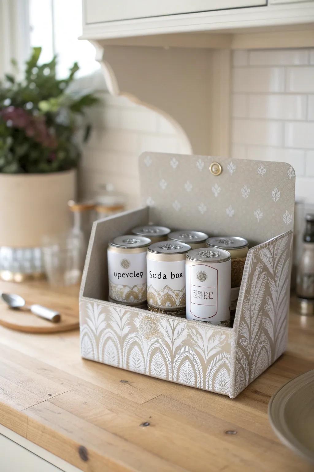 Transform soda boxes into elegant can dispensers for a stylish kitchen upgrade.