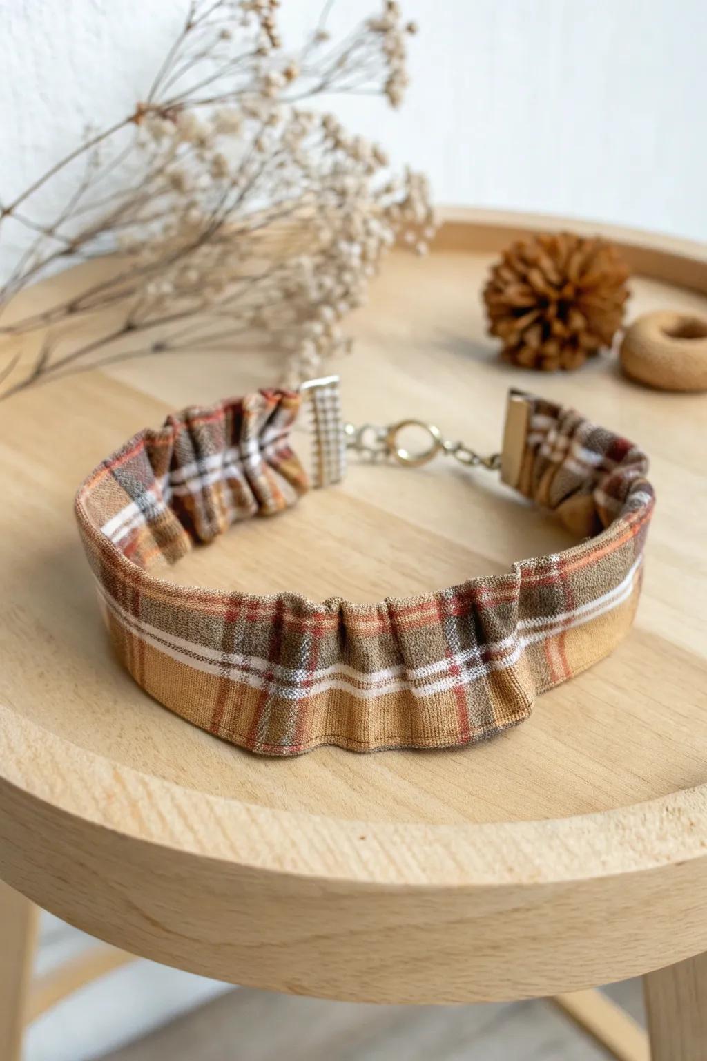 Embrace the warmth of autumn with this cozy plaid choker, a perfect blend of simplicity and natural beauty.