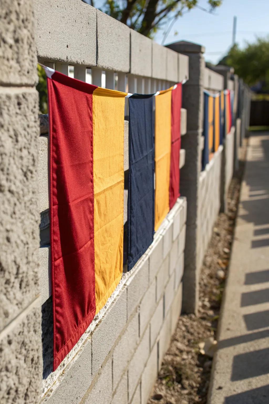 Transform your outdoor space with a bold cinder block and fabric fence - where craftsmanship meets color!