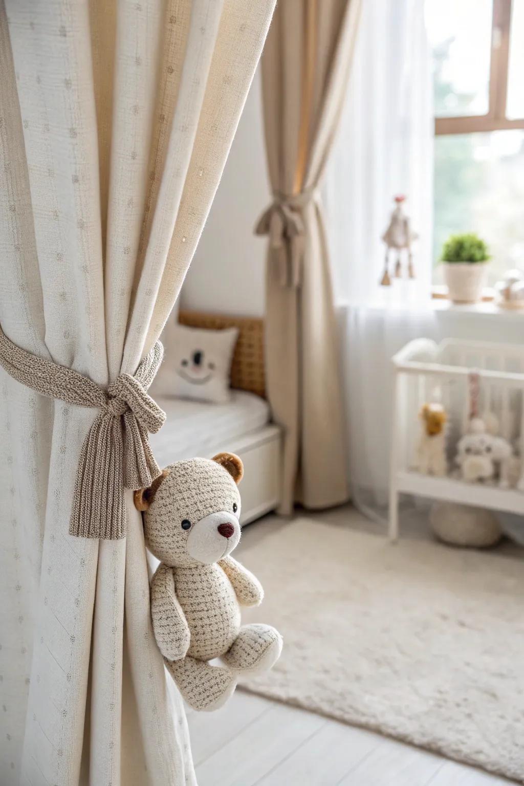 Add a touch of whimsy and charm to your nursery with adorable stuffed animal curtain tie backs.