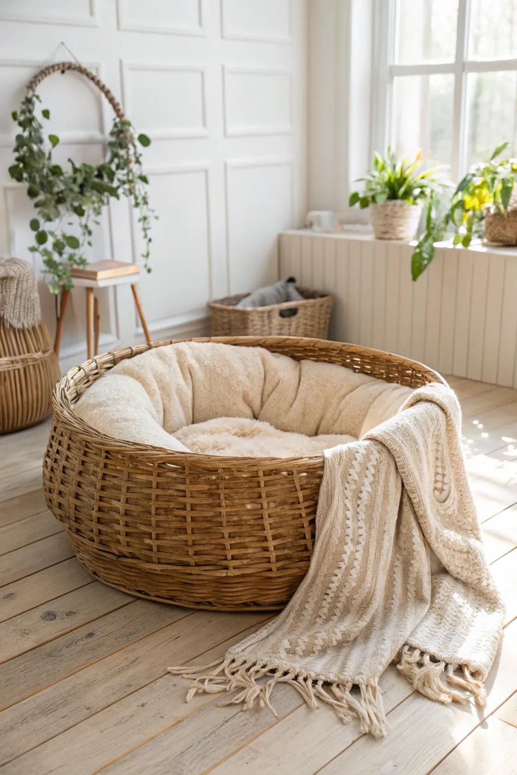 Transform your space with a charming wicker basket dog bed that blends style and comfort effortlessly.