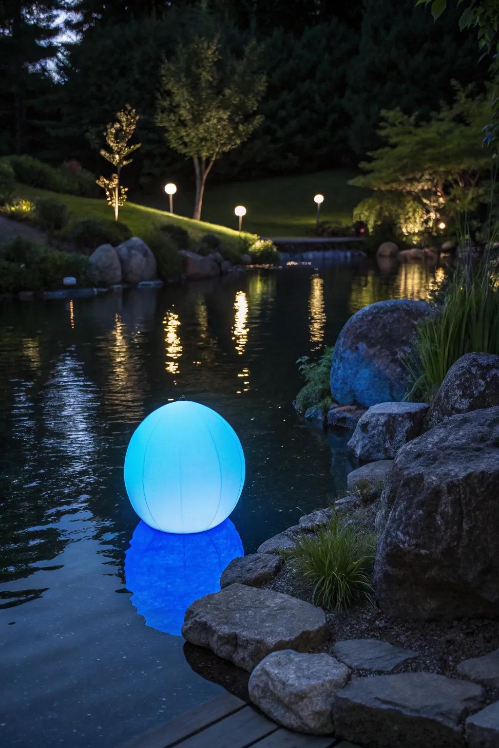 Illuminate your pond with the enchanting glow of floating LED orbs for a captivating nighttime spectacle.