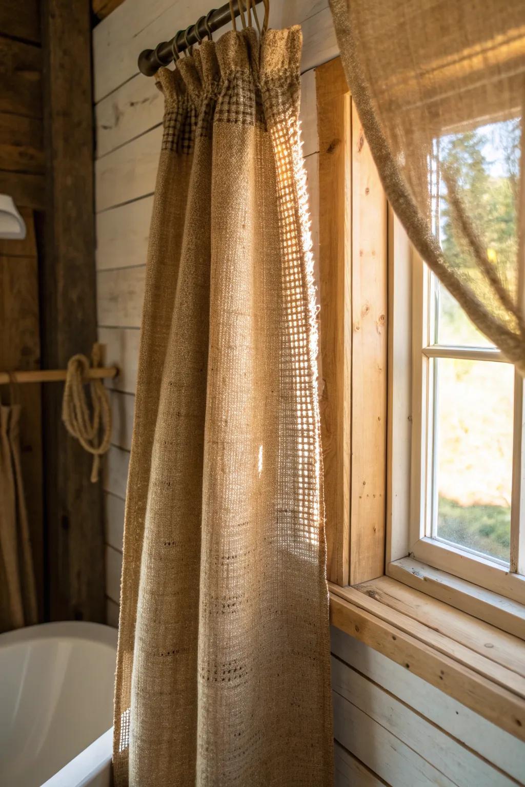 Add a touch of rustic elegance to your bathroom with handcrafted burlap curtains, perfect for the modern craftsman.