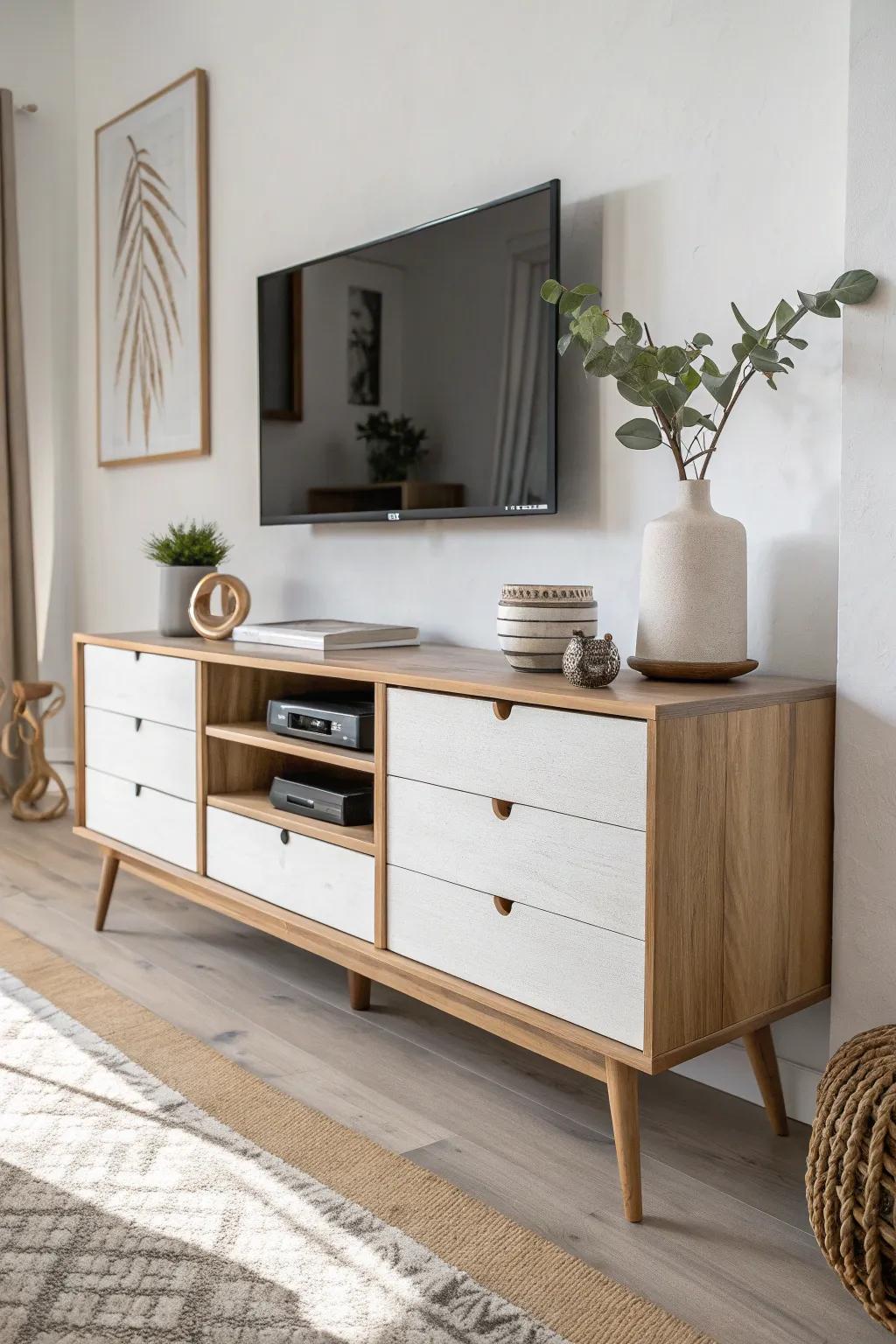 Transform your living space with this chic DIY media console, combining minimalist aesthetics with boho charm.