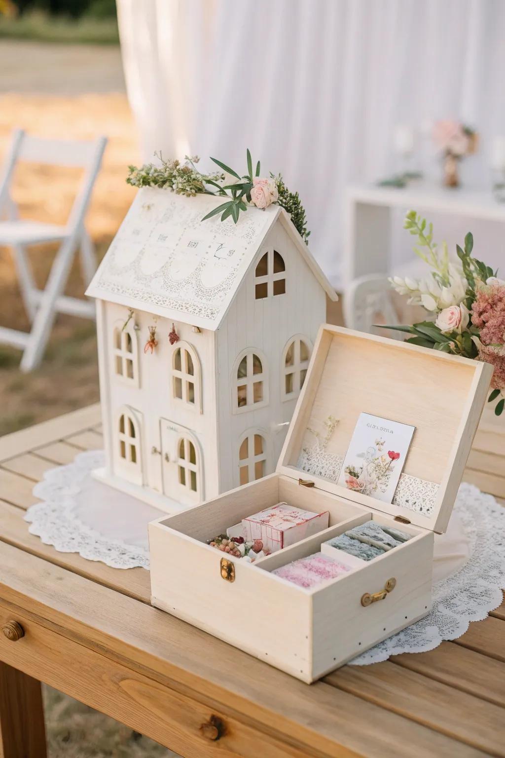 Embrace the charm of a new beginning with this enchanting dollhouse card box, perfect for a DIY wedding touch.