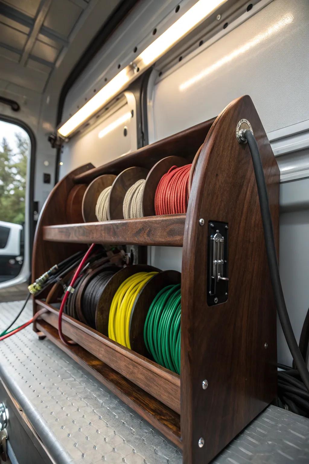 Crafted Precision: Keep your cables organized with this elegant reel holder solution.