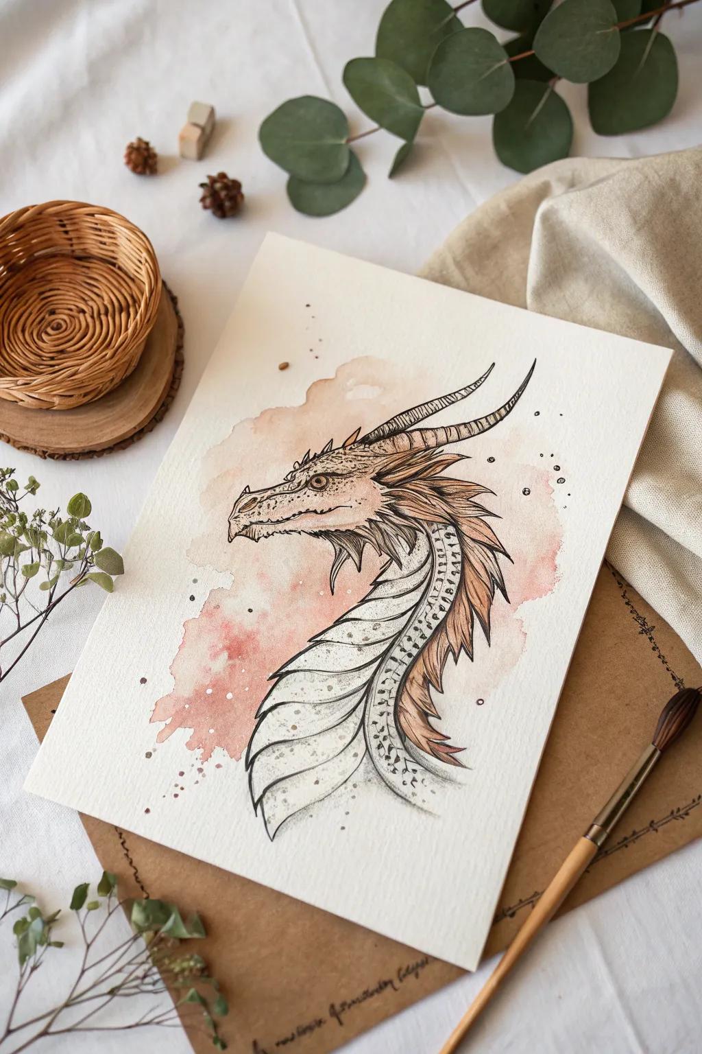 Discover the art of combining ink and watercolor for a mystical dragon head masterpiece. Embrace simplicity and natural beauty.