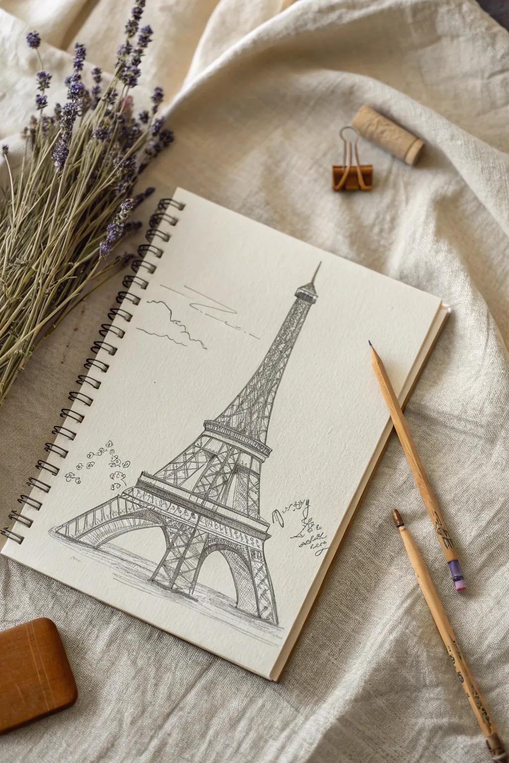 Transport yourself to Paris with a simple pencil sketch of the Eiffel Tower, where craftsmanship meets natural beauty.