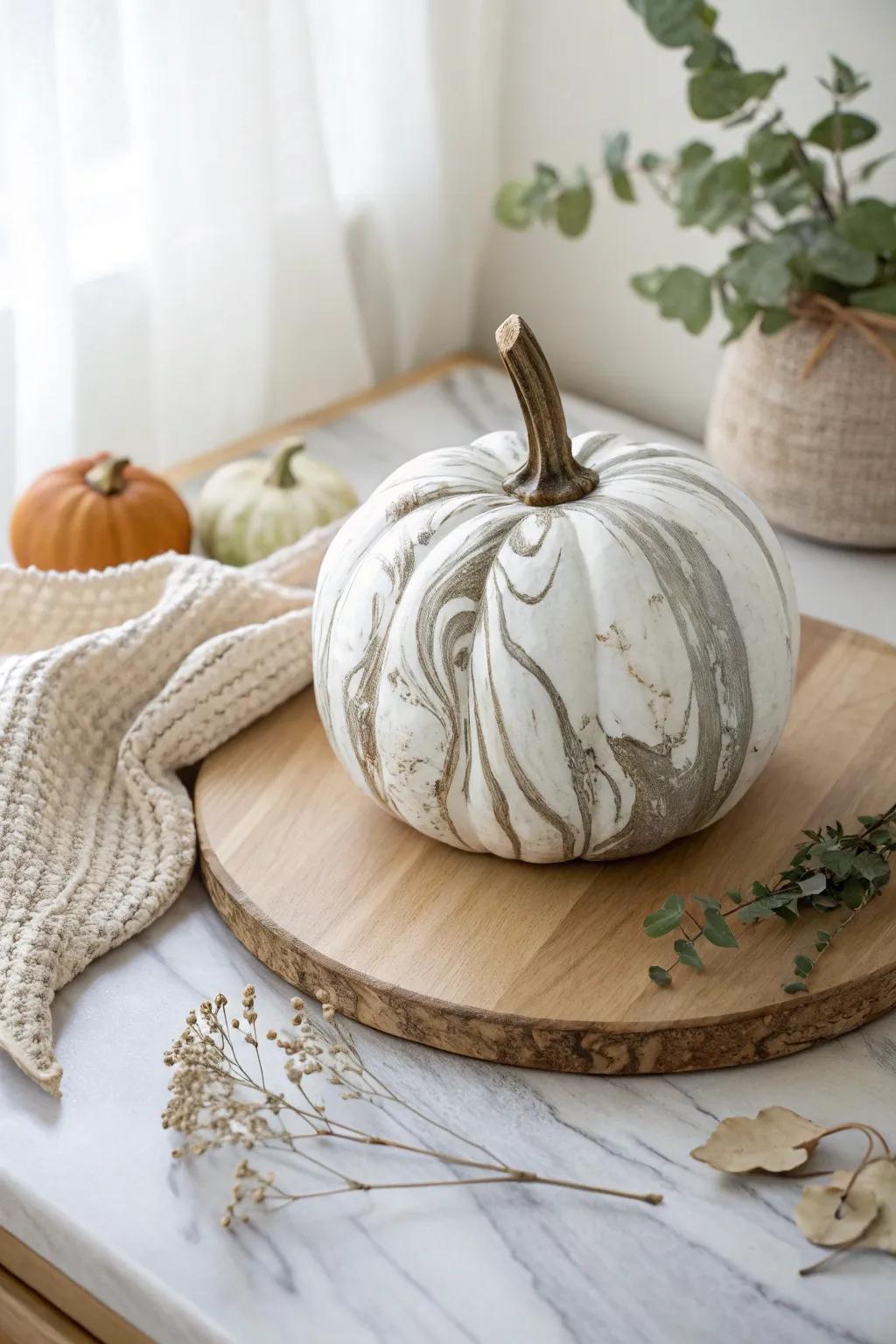 Elevate your autumn decor with this chic faux marble pumpkin—where simplicity meets elegance.