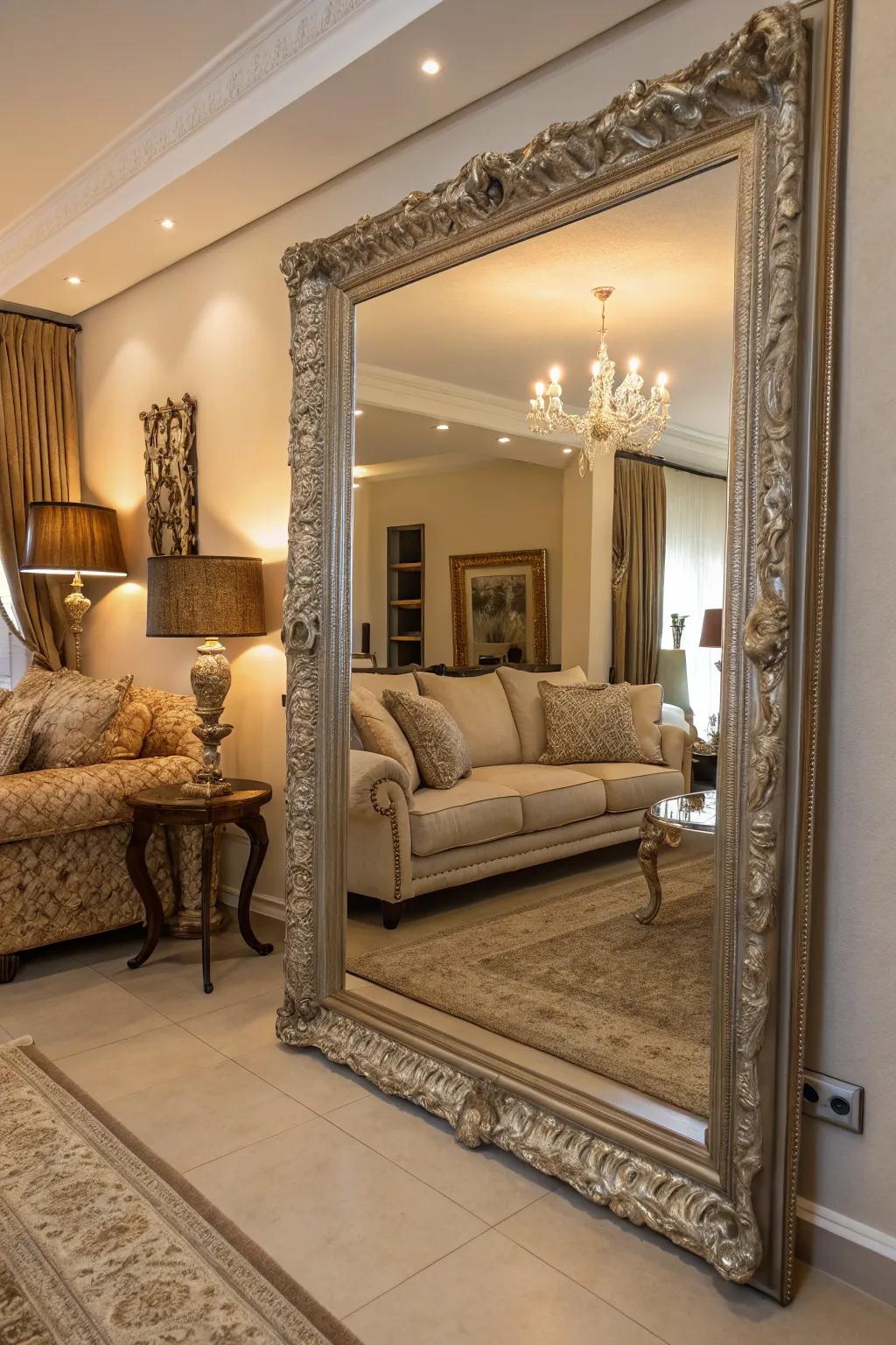A statement mirror adds depth and elegance to this European-inspired living room.