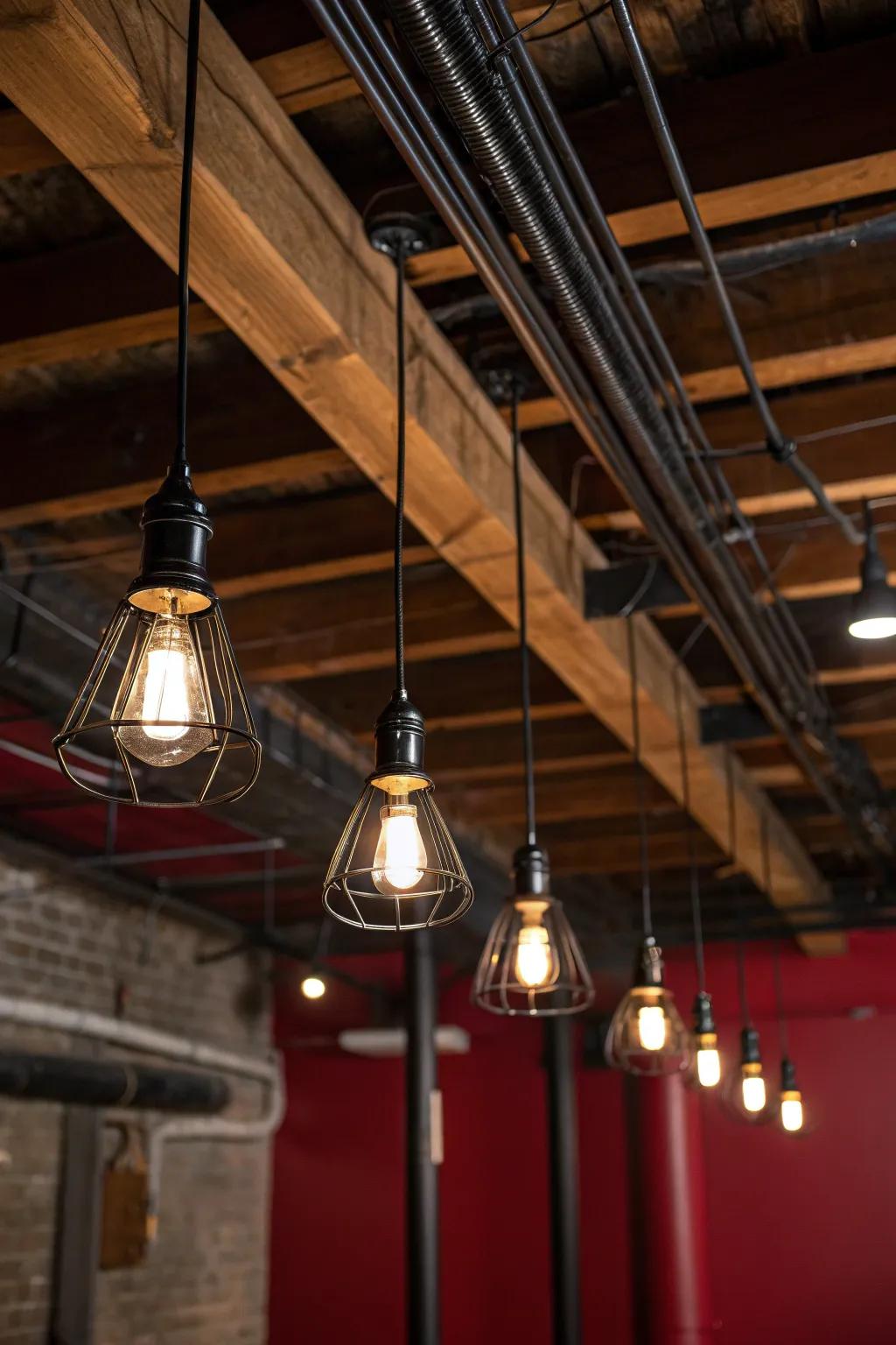 Illuminate your basement with the bold charm of grouped pendant lighting — where craftsmanship meets dramatic elegance.