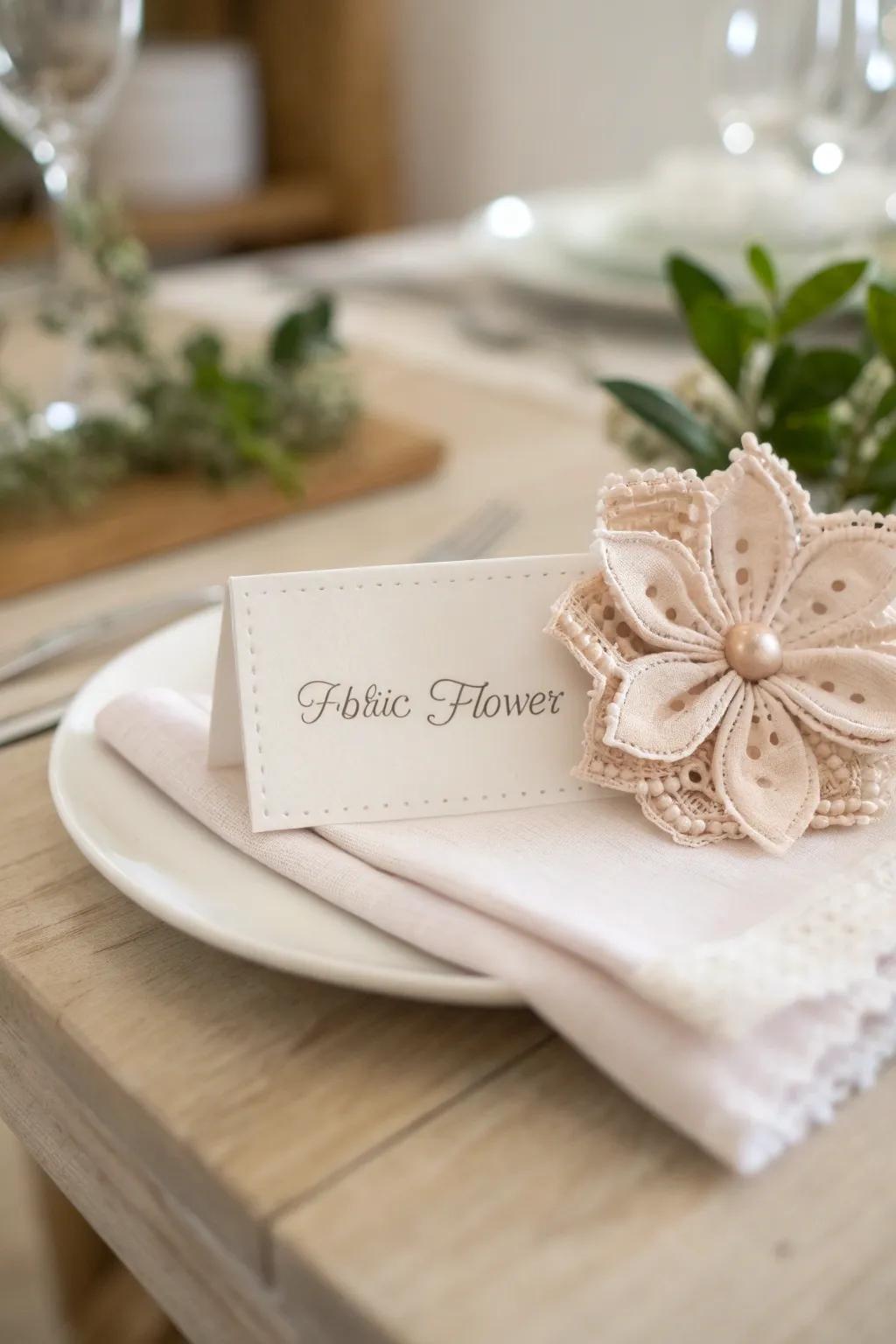 Elevate your table setting with these enchanting fabric flower place cards, blending simplicity and elegance.