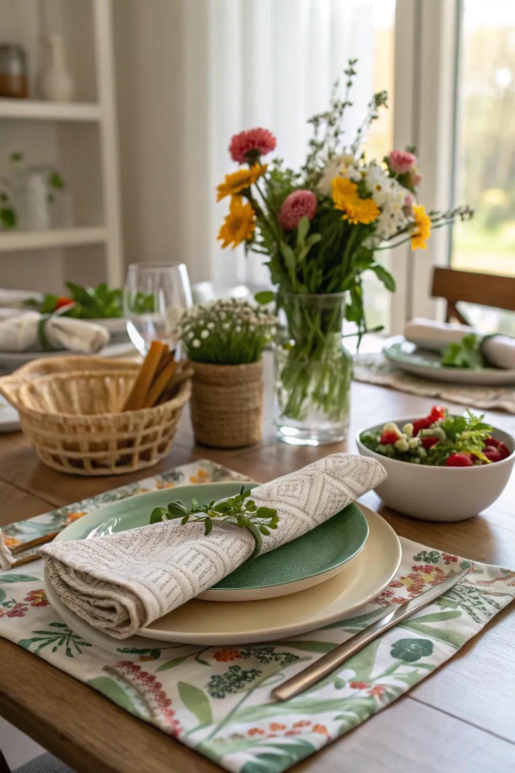 Eco-friendly touches are both stylish and conscientious for the table setting.