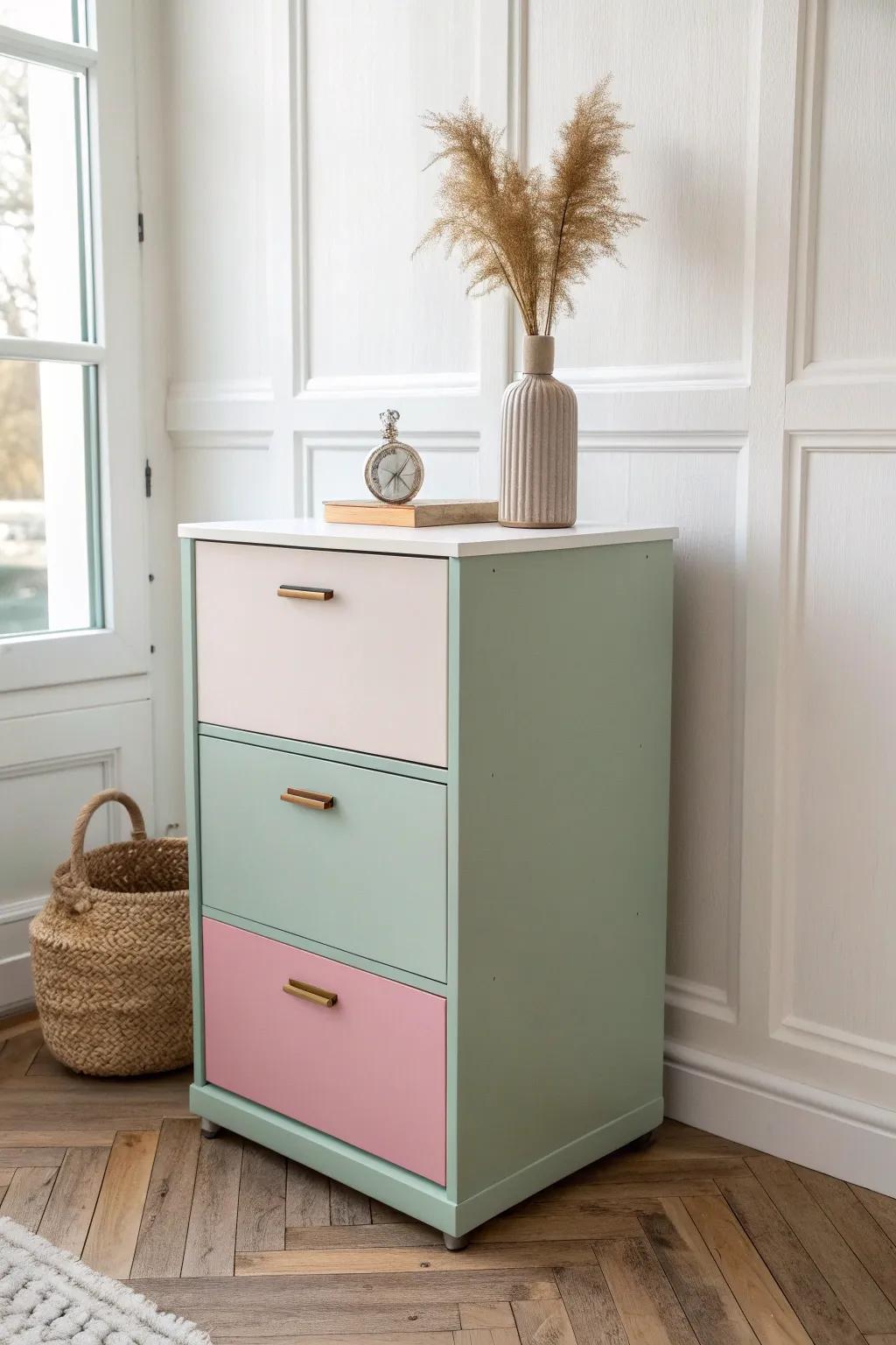 Transform your workspace with a stunning color block cabinet makeover—where Scandinavian minimalism meets boho charm!