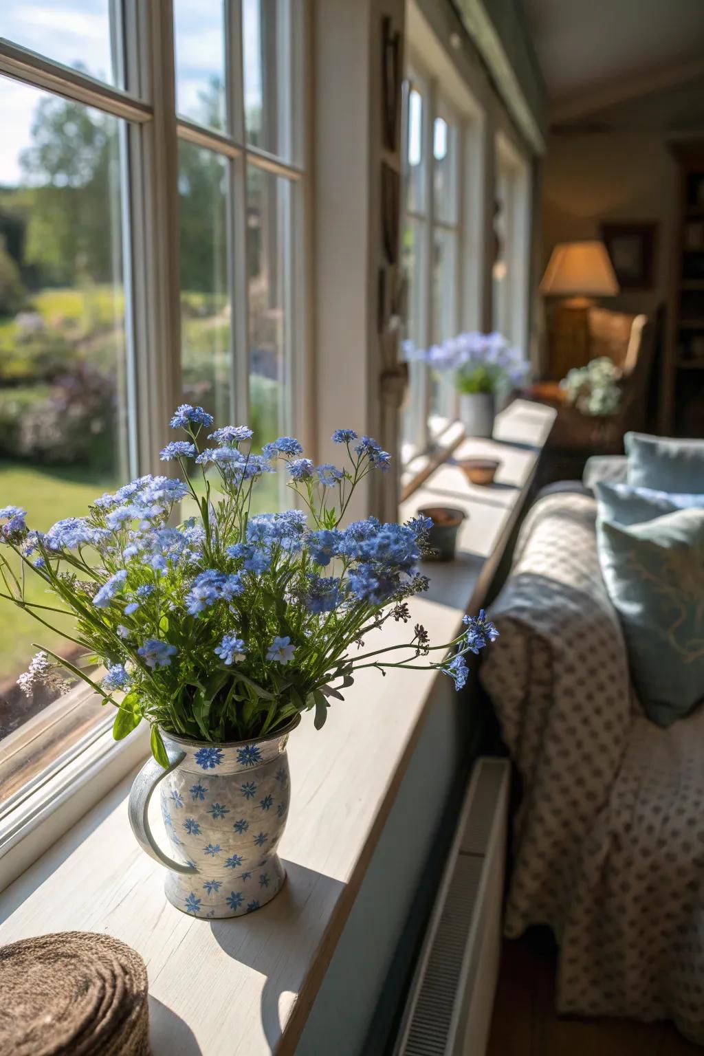Window ledges with forget-me-nots bring outdoor beauty indoors.