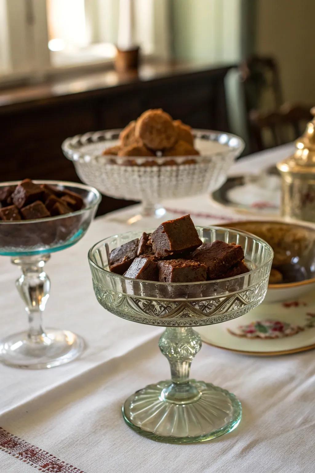 Timeless elegance with fudge in vintage glassware.
