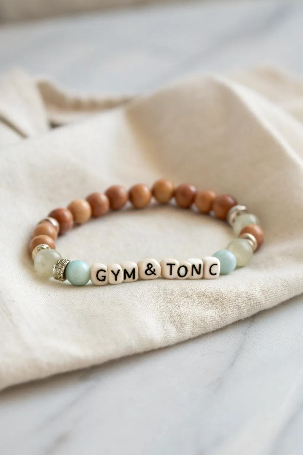 Add a touch of humor to your workout with this 'Gym & Tonic' bead bracelet.