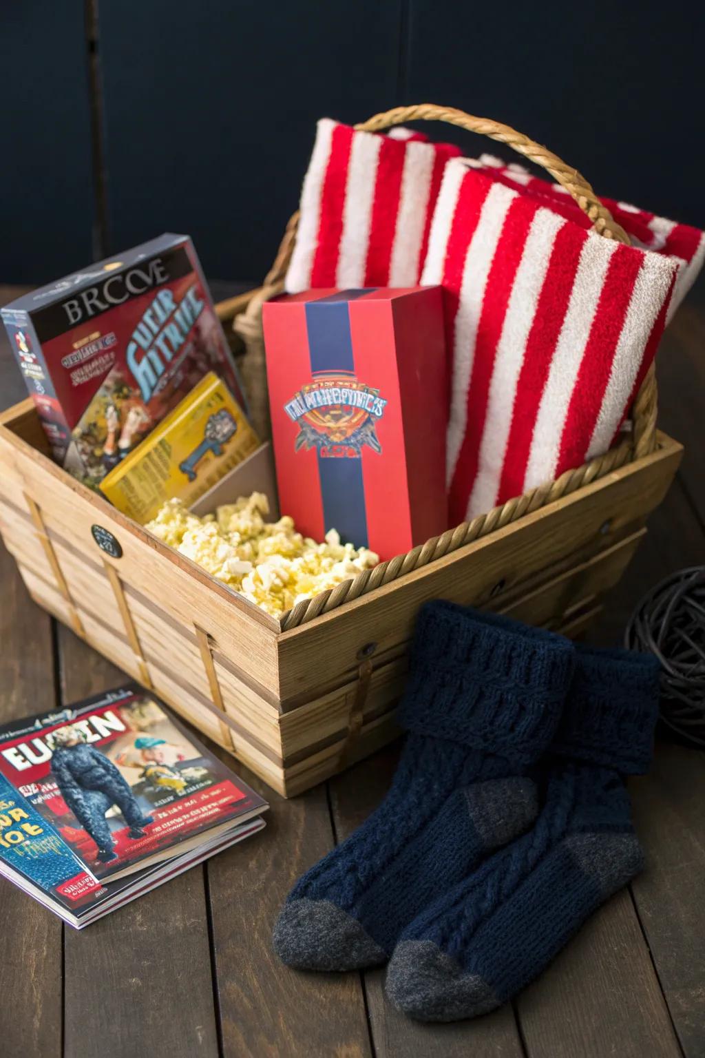 Craft the perfect movie night surprise for Dad with a bold and cozy gift basket!