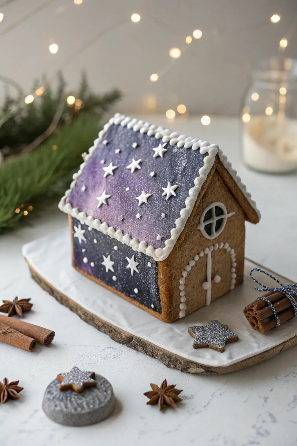 Explore the cosmos with this stunning space-themed gingerbread house, where minimalist design meets celestial wonder.