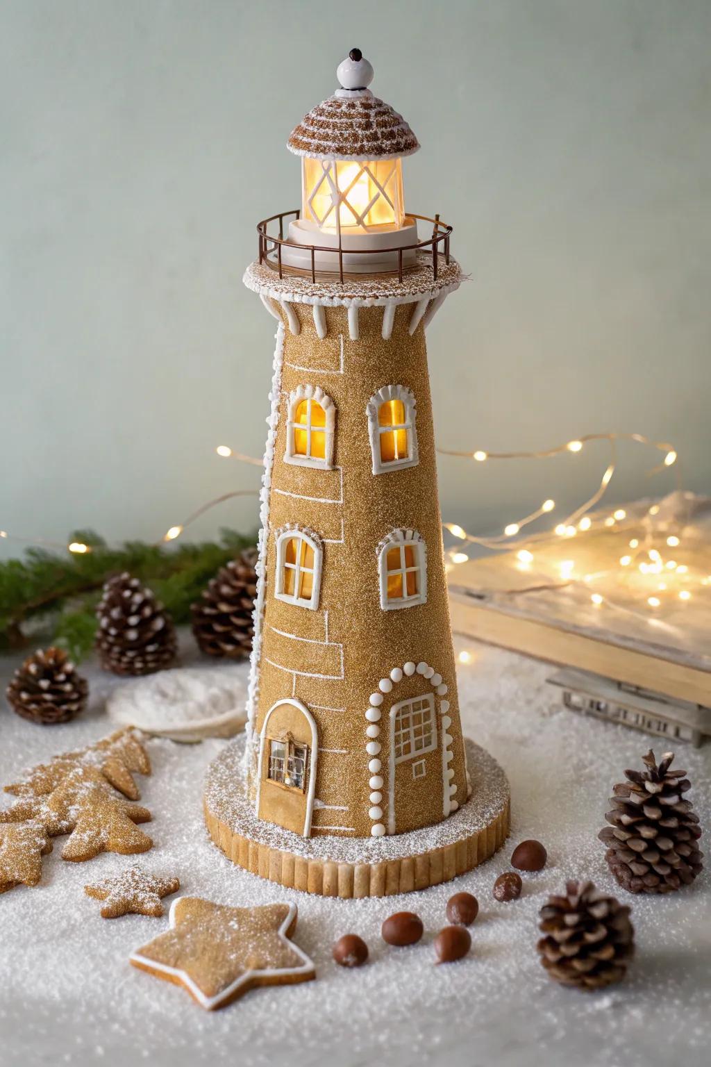Set sail on a sweet adventure with this enchanting gingerbread lighthouse, a perfect blend of simplicity and whimsy.