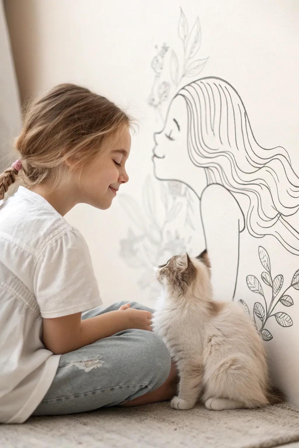 Embrace the charm of simplicity with a heartwarming sketch of a girl and her beloved pet.