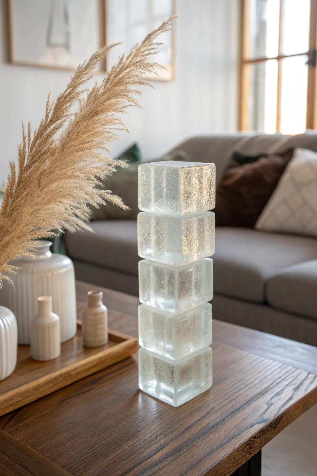 Illuminate your space with the timeless elegance of stacked glass block art.