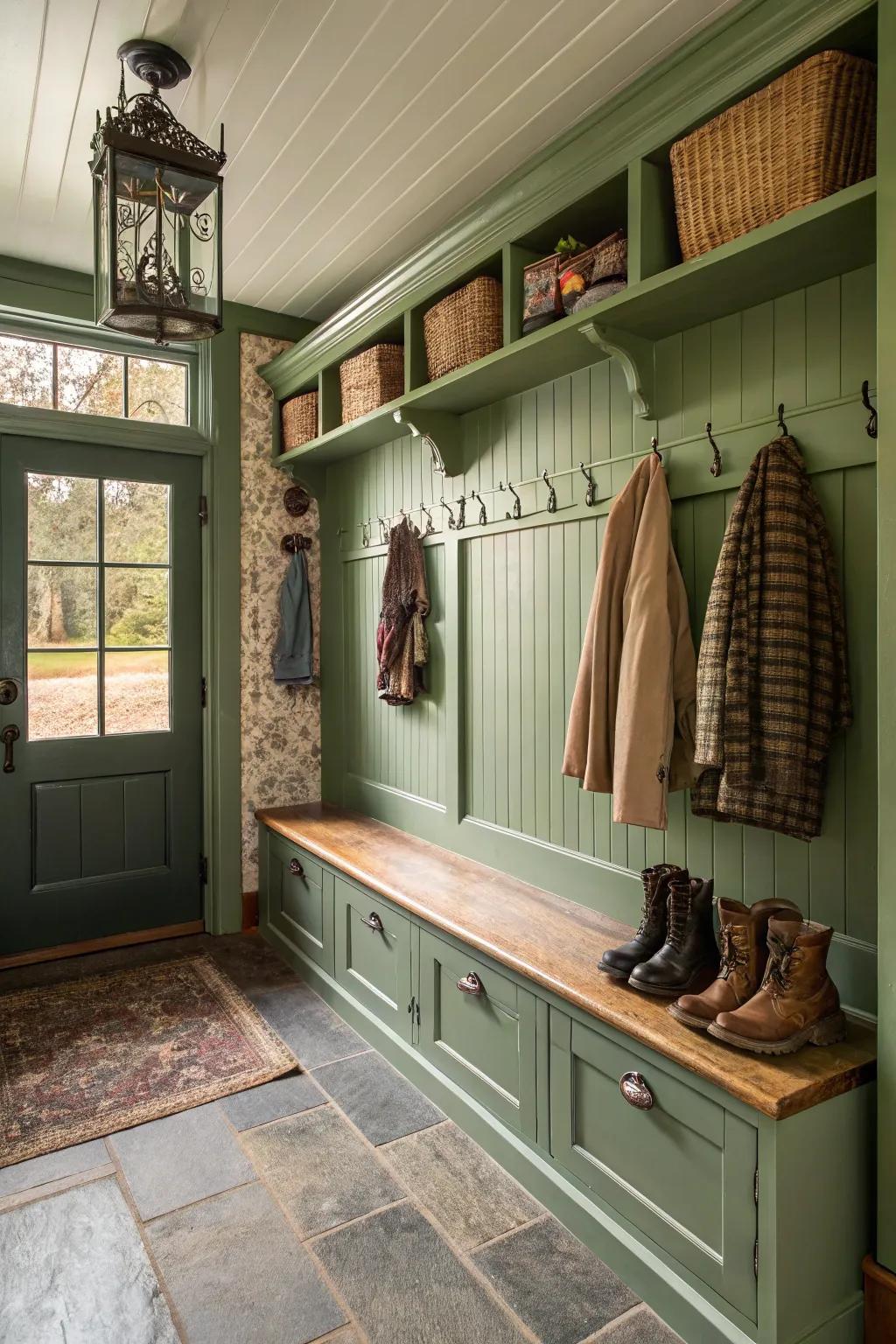 A vintage-inspired mudroom with practical charm.