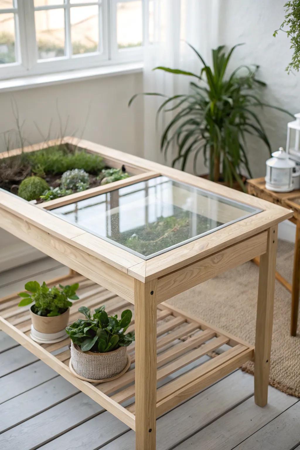 Embrace the elegance of a glass top greenhouse table, where simplicity meets natural beauty.