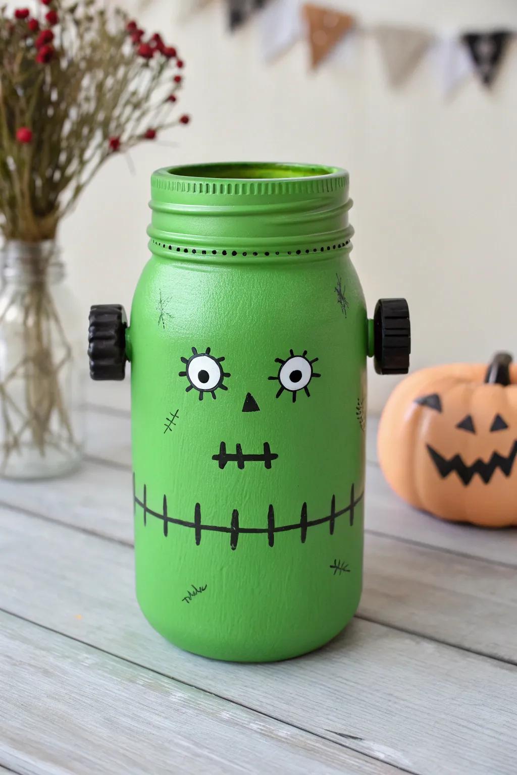 Unleash your creativity this Halloween with a charming Frankenstein-inspired mason jar craft. 🎃✨ #ScandiBoho #HalloweenCrafts