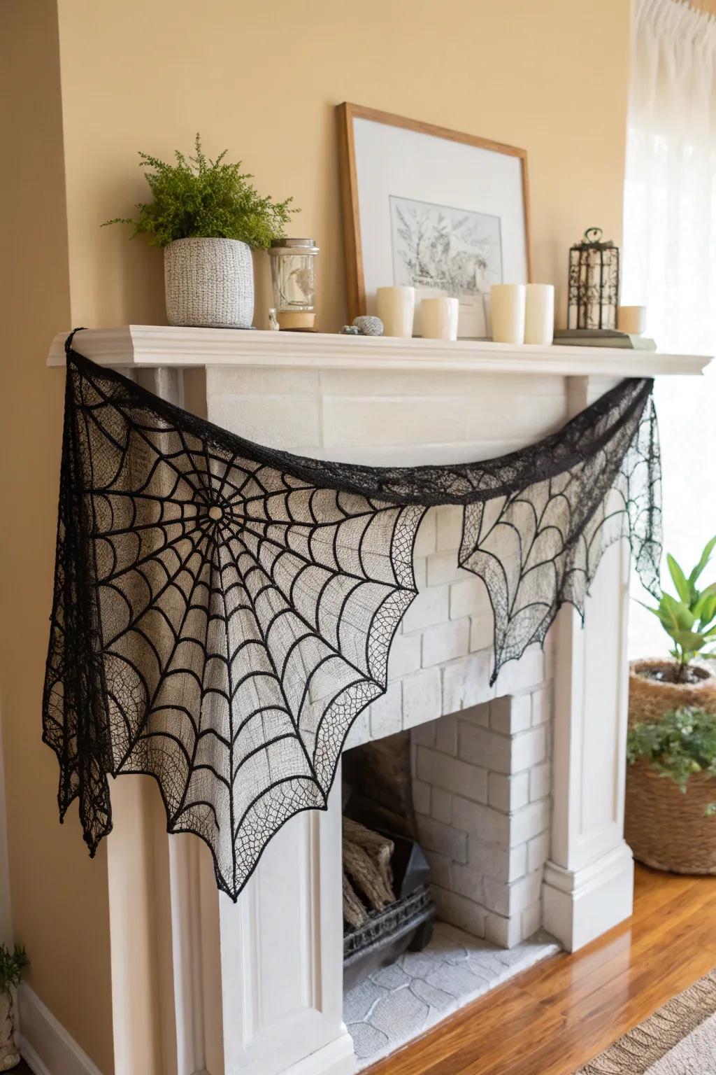 Add a touch of elegance to your Halloween with this beautifully crafted spider web mantle scarf.