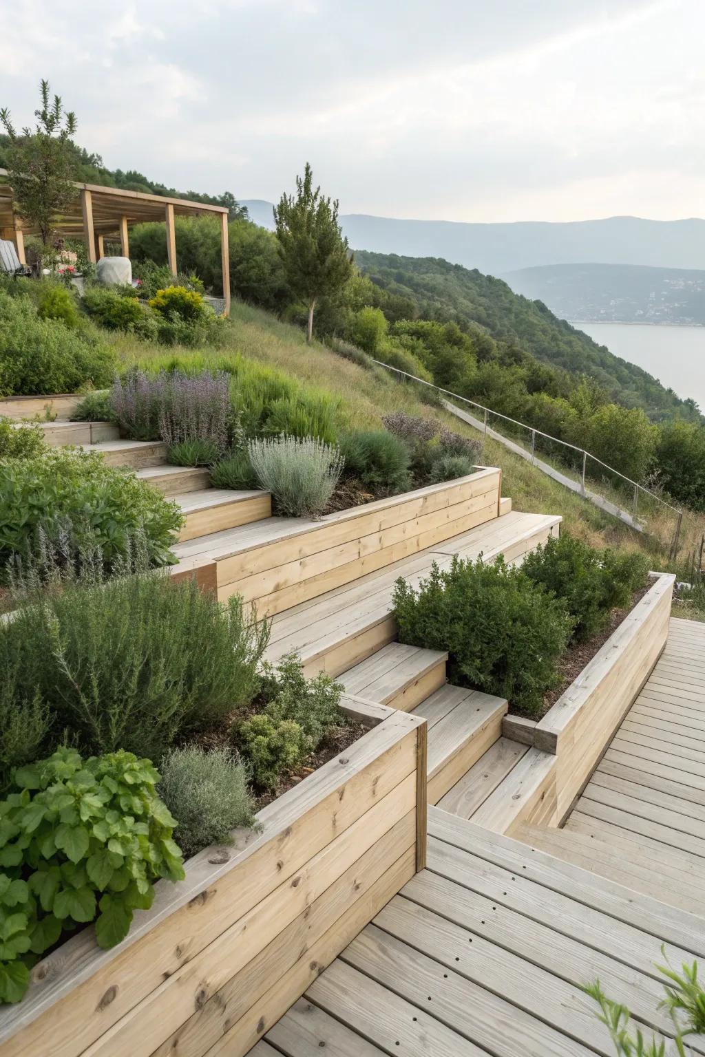 Transform your slope into a verdant paradise with enchanting herb terraces.