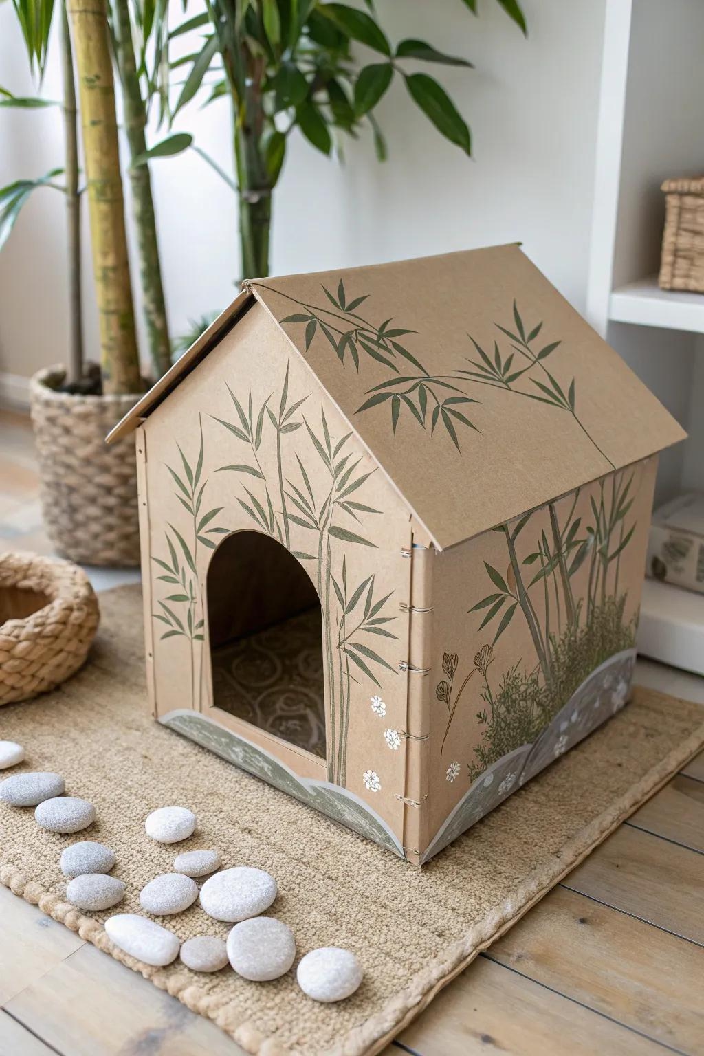 Create a serene sanctuary for your feline friend with this Zen-inspired cardboard cat house, where simplicity meets natural elegance.