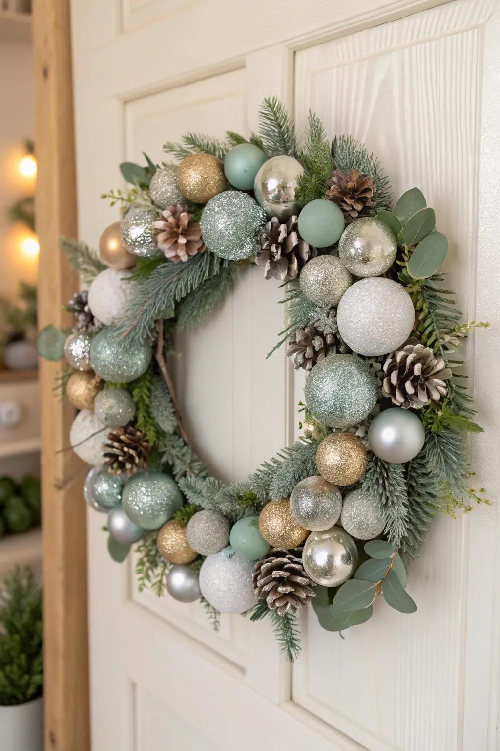 Elevate your holiday decor with a handcrafted ornament wreath that sparkles with minimalist charm and festive cheer.