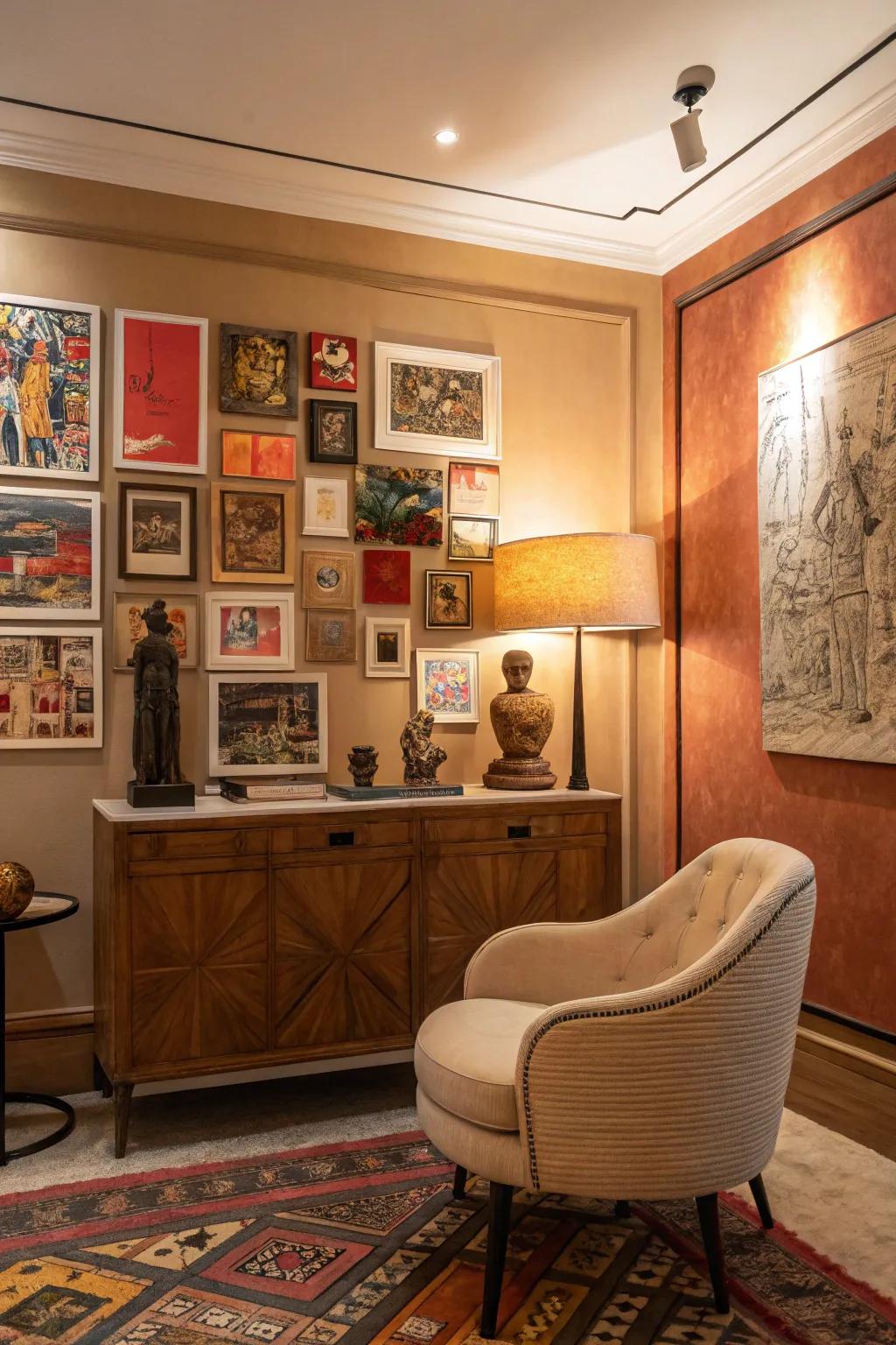 Room enriched with unique and characterful wall art.