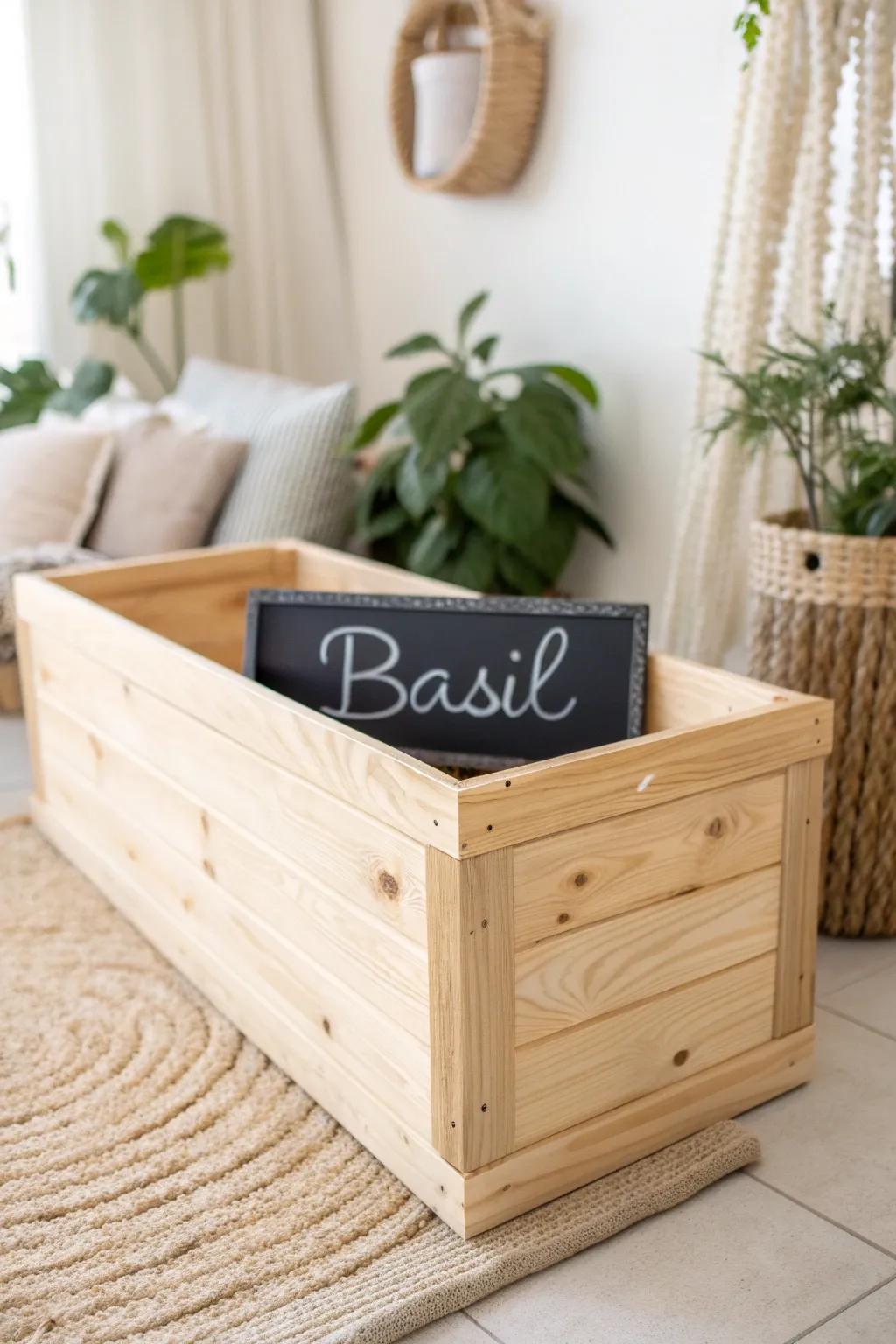 Embrace simplicity and organization in your garden with a charming chalkboard label on your planter box.