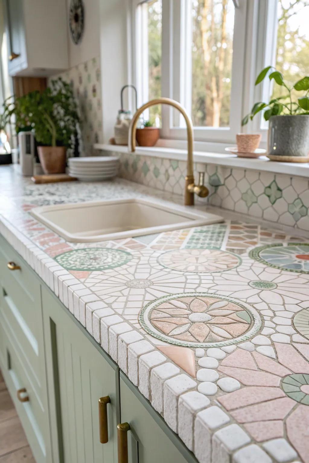 Transform your space with the artful elegance of a mosaic tile countertop. #MosaicMastery #ScandinavianStyle #BohoChic