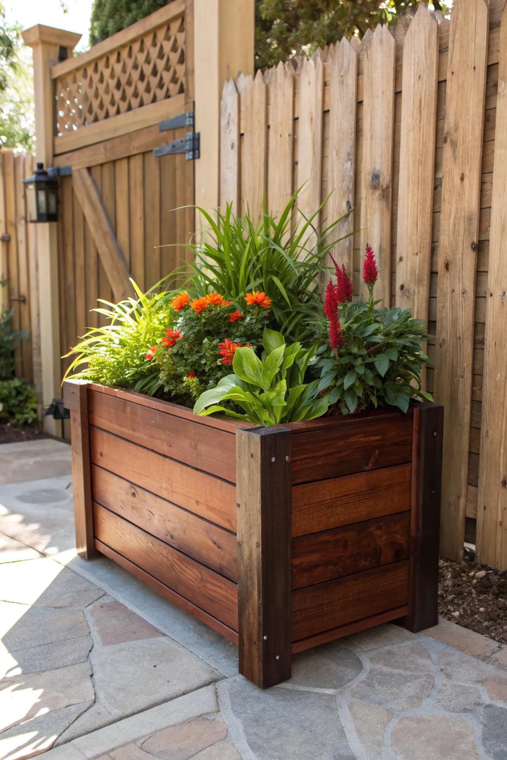 Elevate your fence line with a striking planter box that bridges the gap with style and life.