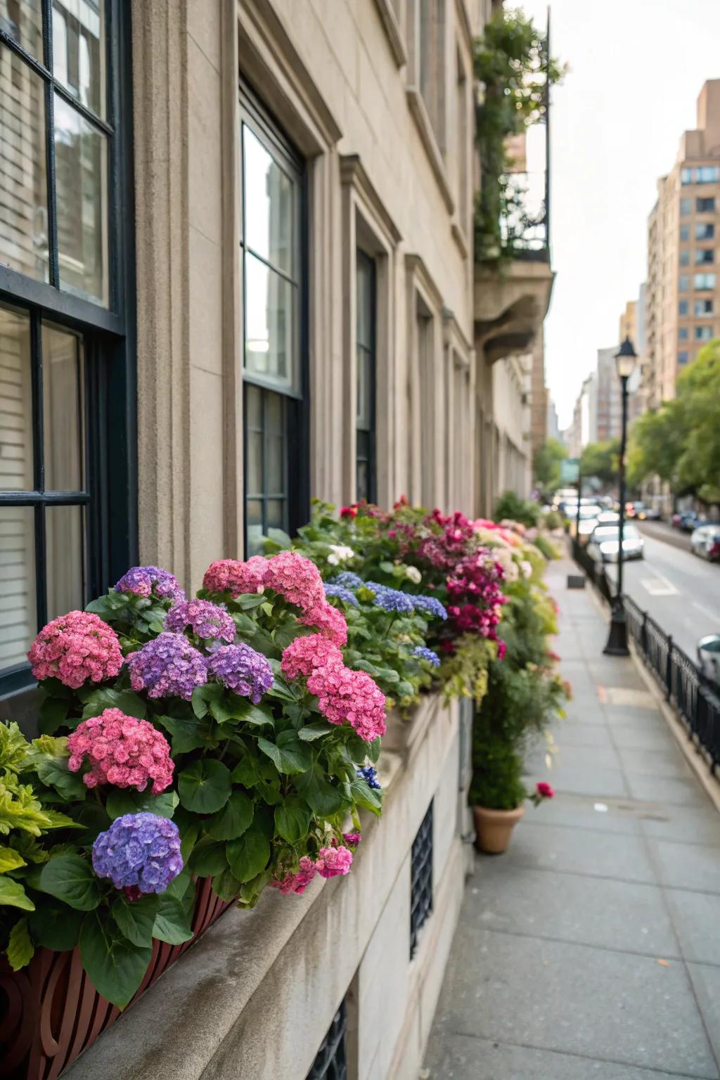 Hydrangeas in window boxes add vibrant curb appeal.