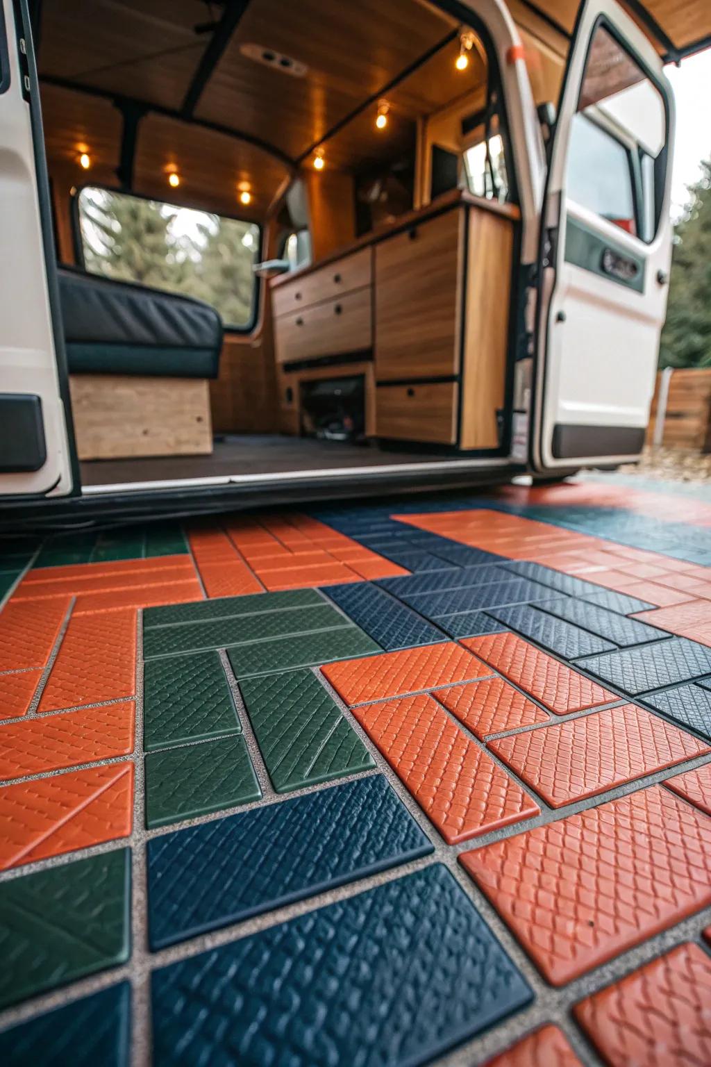 Revamp your camper van with vibrant modular flooring - where style meets easy maintenance.