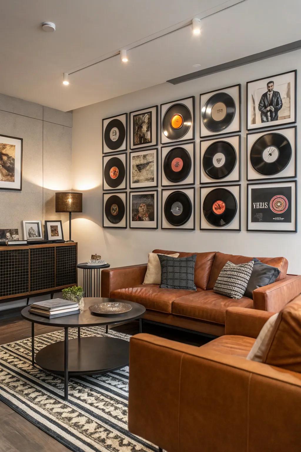 Jazz records as wall art add a personal and creative touch.