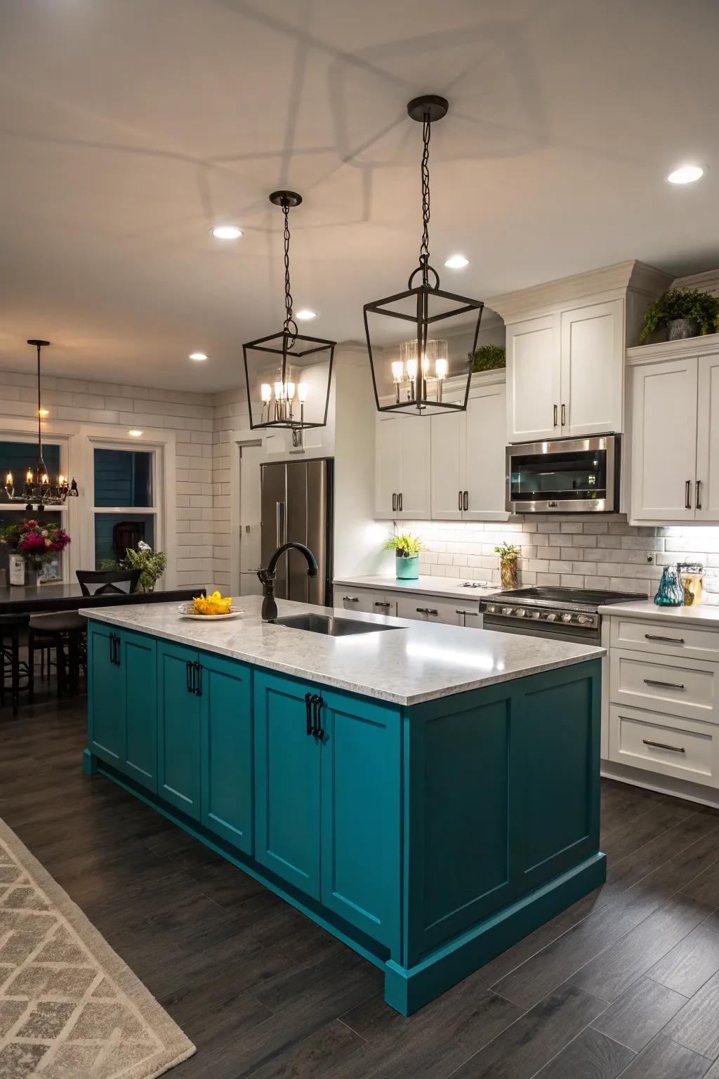 An electric teal kitchen island adds a vibrant and modern touch to the kitchen decor.