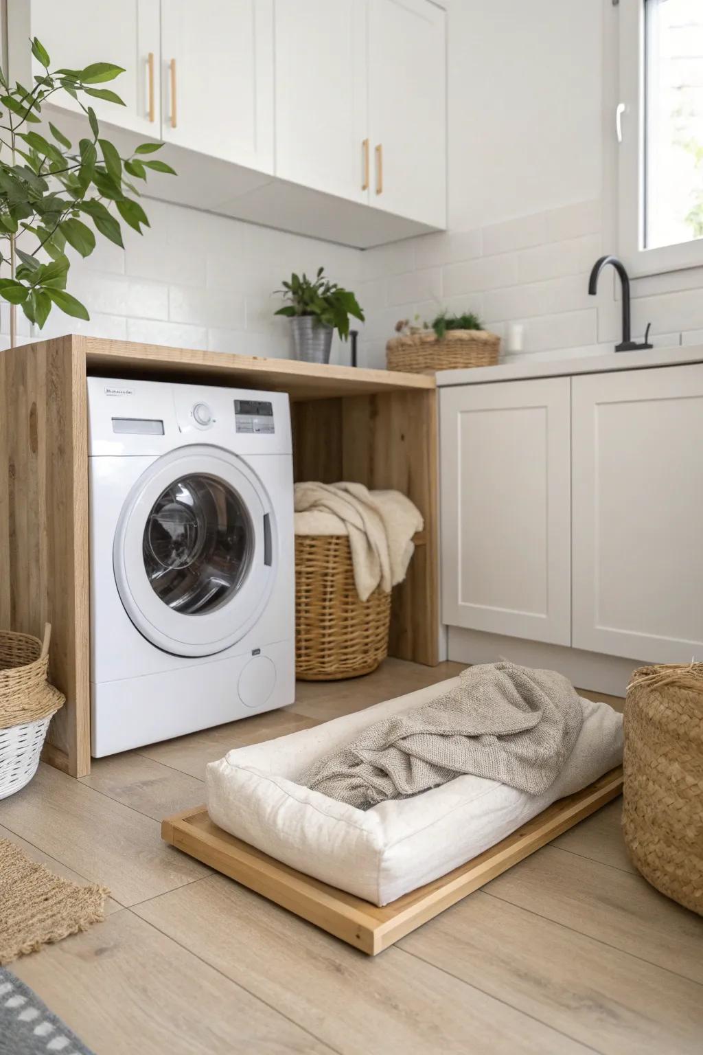 Transform your laundry room into a pet-friendly haven with a chic, built-in pet bed. Perfect for your furry companion's comfort while you tackle chores!